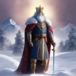 A majestic digital art piece displaying a regal king standing in the snowy landscapes of the north