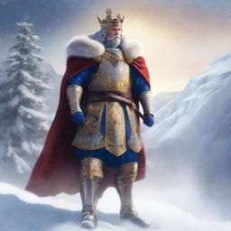 A majestic digital art piece displaying a regal king standing in the snowy landscapes of the north