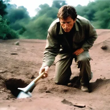 In the action movie, the protagonist used an entrenching tool to dig a hiding spot.