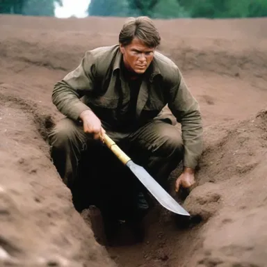 In the action movie, the protagonist used an entrenching tool to dig a hiding spot.