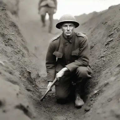 The war novel vividly described the soldier's exhaustion as he dug trenches with an entrenching tool.