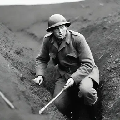 The war novel vividly described the soldier's exhaustion as he dug trenches with an entrenching tool.