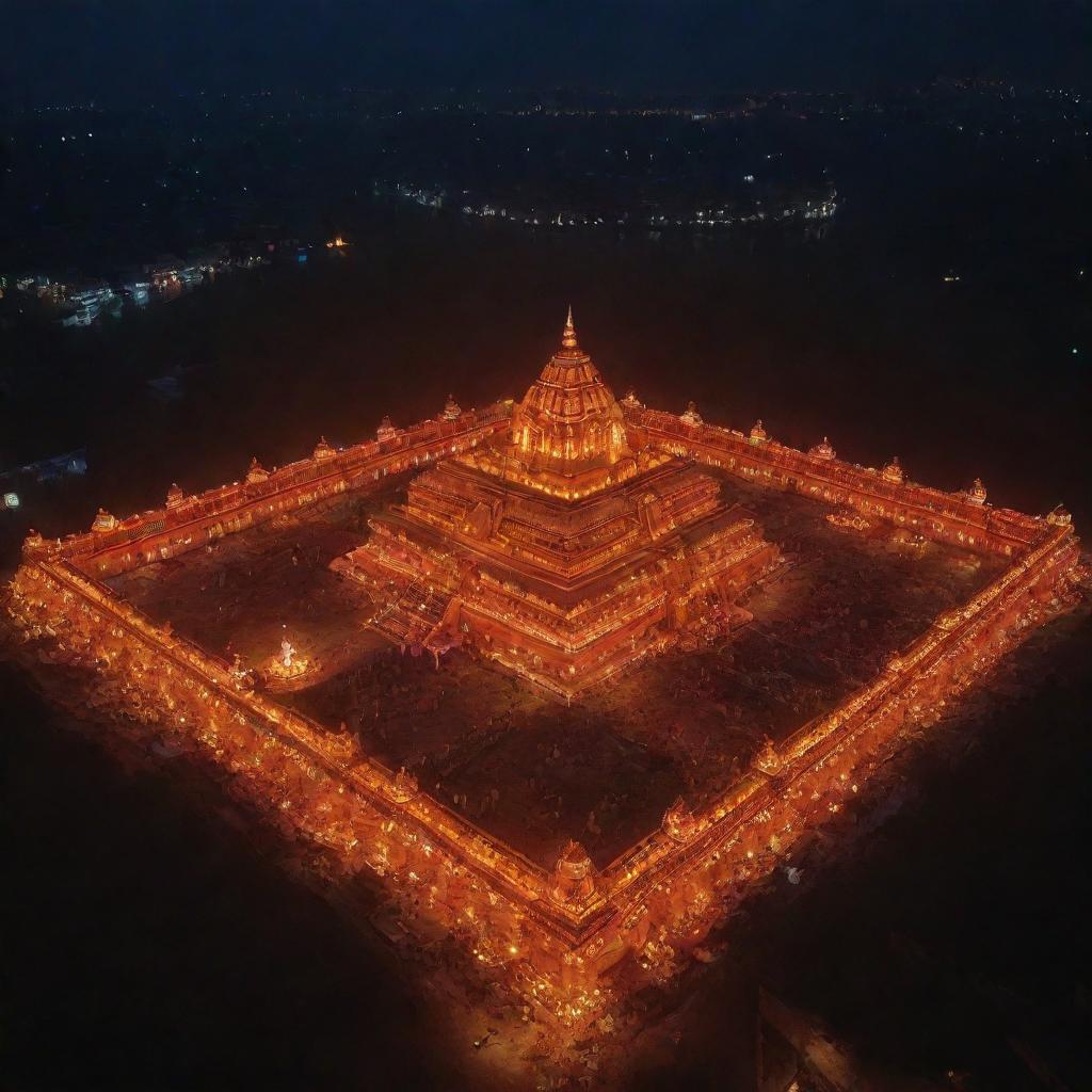 A spectacular drone shot of Ram Mandir at night, lit up by countless glowing diyas, casting a warm and enchanting illumination.