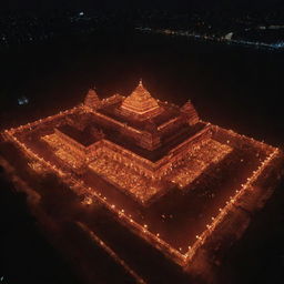 A spectacular drone shot of Ram Mandir at night, lit up by countless glowing diyas, casting a warm and enchanting illumination.