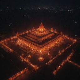 A spectacular drone shot of Ram Mandir at night, lit up by countless glowing diyas, casting a warm and enchanting illumination.