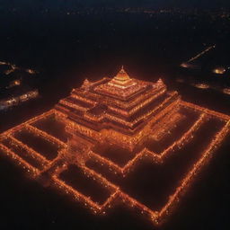 A spectacular drone shot of Ram Mandir at night, lit up by countless glowing diyas, casting a warm and enchanting illumination.