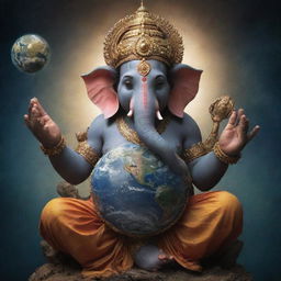 High definition image of Lord Ganesha, portrayed as controlling the world, with Earth held in his hands.