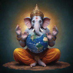 High definition image of Lord Ganesha, portrayed as controlling the world, with Earth held in his hands.