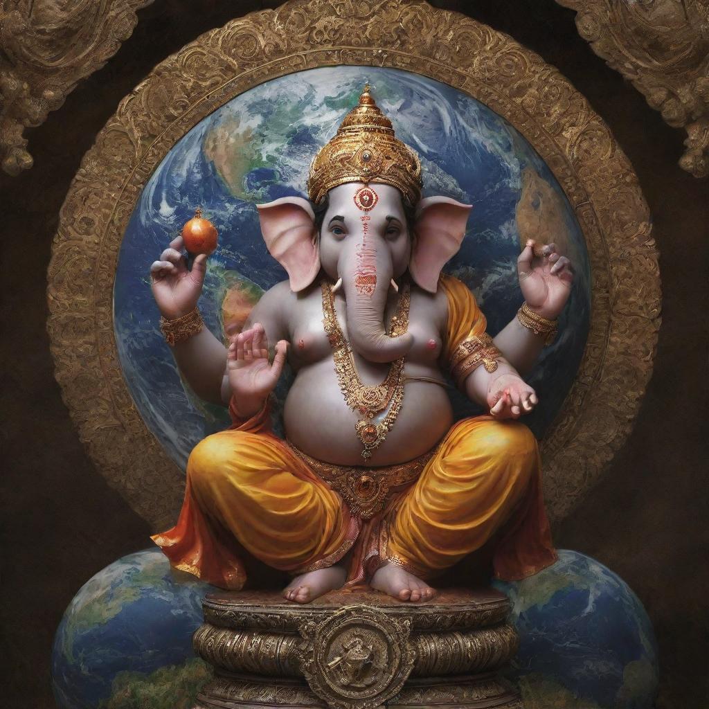 High definition image of Lord Ganesha, portrayed as controlling the world, with Earth held in his hands.