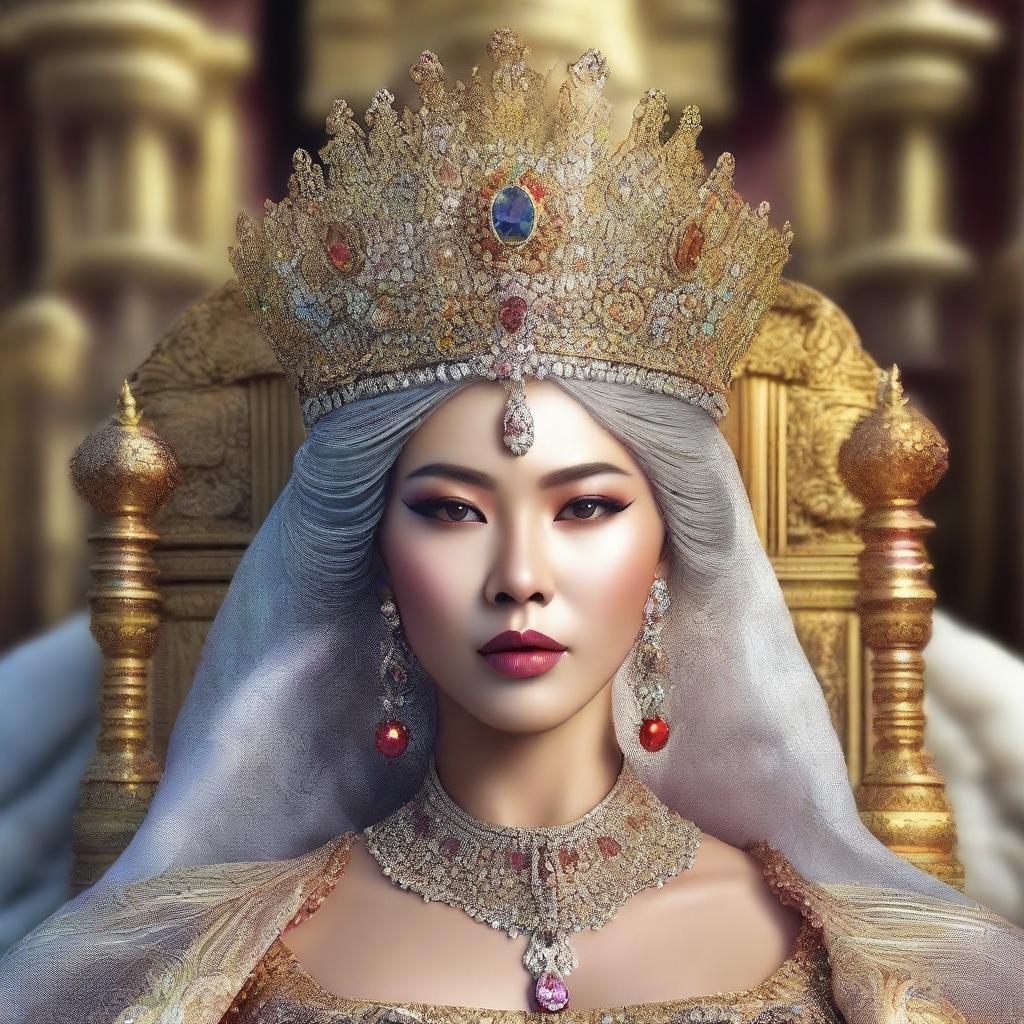 This is a super high-definition, photo-realistic image of a stunning Indonesian queen