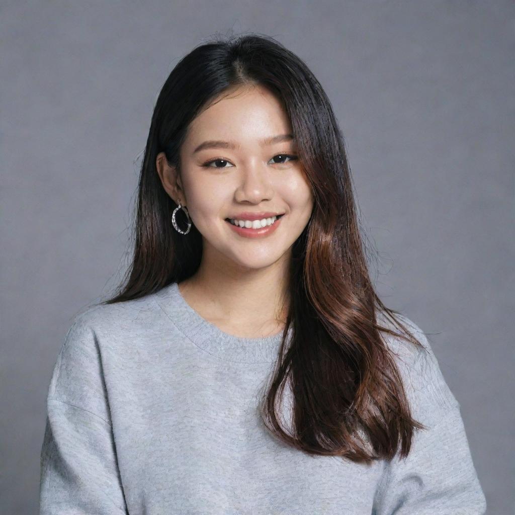 A portrait of Jennie Kim from Blackpink. She is smiling, looking at the camera with a casual yet chic outfit. She's surrounded by studio lights and a grey background.