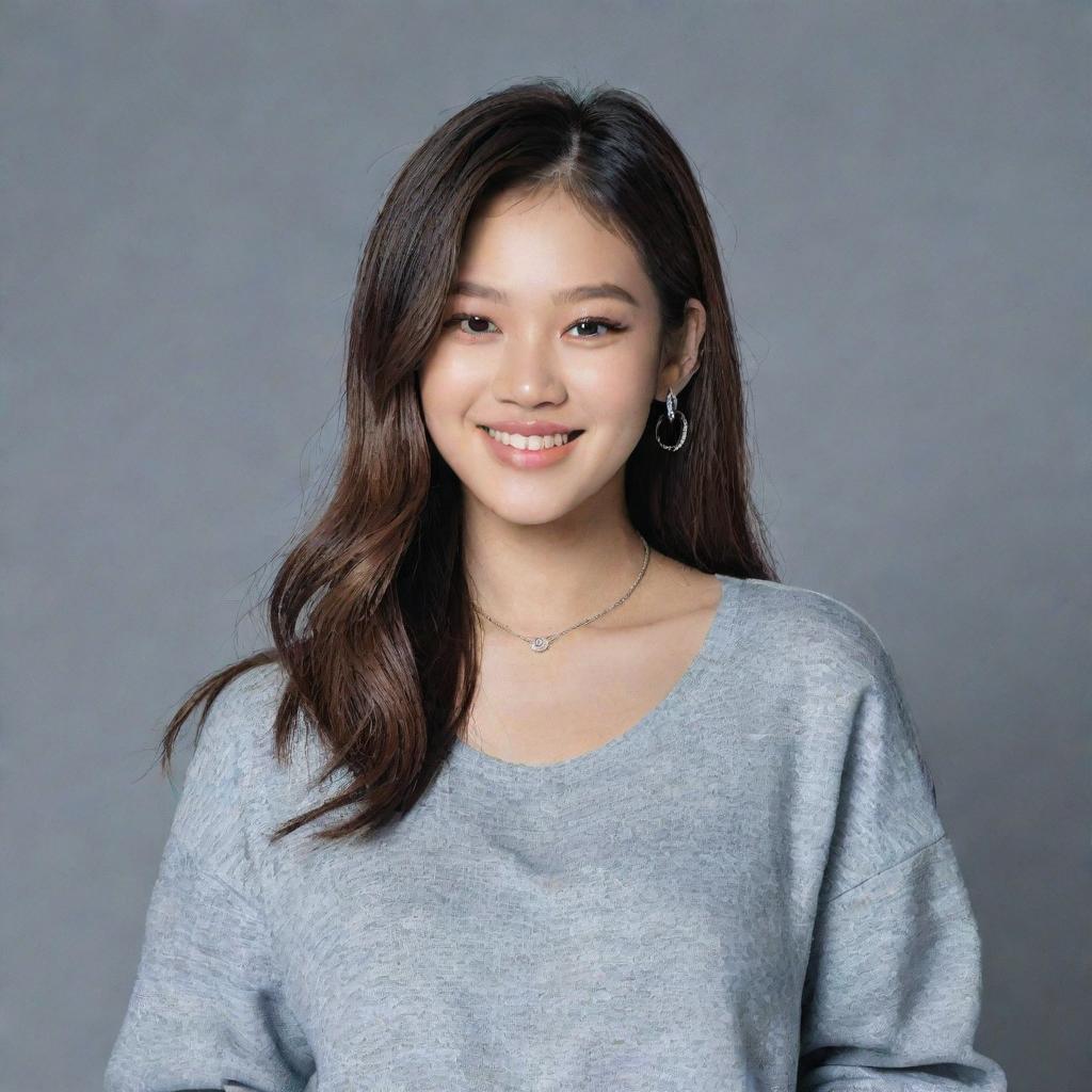 A portrait of Jennie Kim from Blackpink. She is smiling, looking at the camera with a casual yet chic outfit. She's surrounded by studio lights and a grey background.