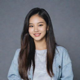 A portrait of Jennie Kim from Blackpink. She is smiling, looking at the camera with a casual yet chic outfit. She's surrounded by studio lights and a grey background.