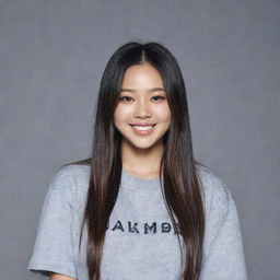 A portrait of Jennie Kim from Blackpink. She is smiling, looking at the camera with a casual yet chic outfit. She's surrounded by studio lights and a grey background.