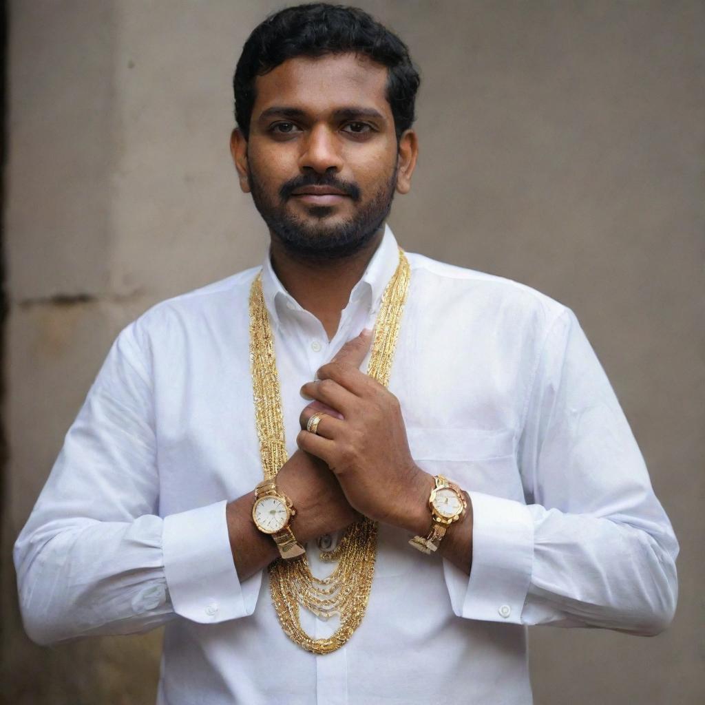 A man from Kerala, India, adorned in traditional attire, prominently showcasing a high-end luxury wristwatch on his wrist.