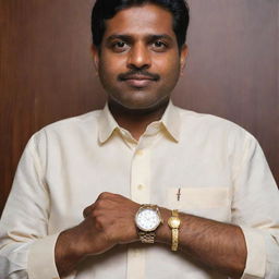 A man from Kerala, India, adorned in traditional attire, prominently showcasing a high-end luxury wristwatch on his wrist.