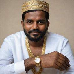 A man from Kerala, India, adorned in traditional attire, prominently showcasing a high-end luxury wristwatch on his wrist.