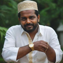 A man from Kerala, India, adorned in traditional attire, prominently showcasing a high-end luxury wristwatch on his wrist.