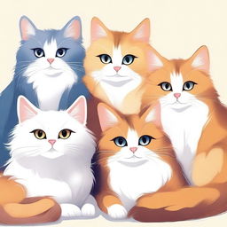 An image of several fluffy cats lounging around in various poses