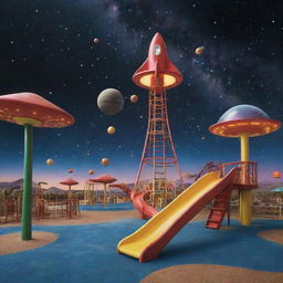 A playground set in the atmosphere of Space Odyssey, brimming with futuristic equipment like a rocket-shaped slide, alien-themed swings and star-patterned merry-go-rounds against a backdrop of swirling galaxies and glowing stars.