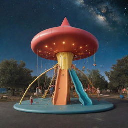 A playground set in the atmosphere of Space Odyssey, brimming with futuristic equipment like a rocket-shaped slide, alien-themed swings and star-patterned merry-go-rounds against a backdrop of swirling galaxies and glowing stars.