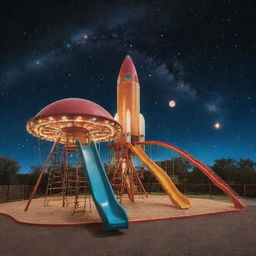 A playground set in the atmosphere of Space Odyssey, brimming with futuristic equipment like a rocket-shaped slide, alien-themed swings and star-patterned merry-go-rounds against a backdrop of swirling galaxies and glowing stars.