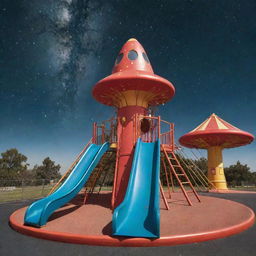 A playground set in the atmosphere of Space Odyssey, brimming with futuristic equipment like a rocket-shaped slide, alien-themed swings and star-patterned merry-go-rounds against a backdrop of swirling galaxies and glowing stars.