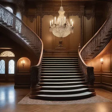 The grand staircase in the Victorian mansion was adorned with intricate carvings and a large chandelier, creating an elegant backdrop for a fancy dress party.