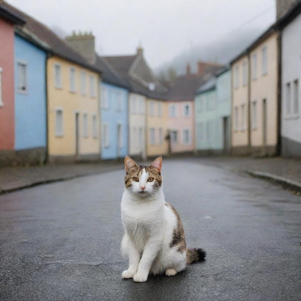 A adorable stray cat sitting on a road flanked by picturesque houses on a chilly day.