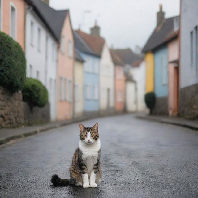 A adorable stray cat sitting on a road flanked by picturesque houses on a chilly day.