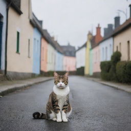 A adorable stray cat sitting on a road flanked by picturesque houses on a chilly day.