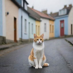 A adorable stray cat sitting on a road flanked by picturesque houses on a chilly day.