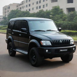 A sleek black Scorpio vehicle equipped with glossy black mirrors, giving a sense of power and elegance