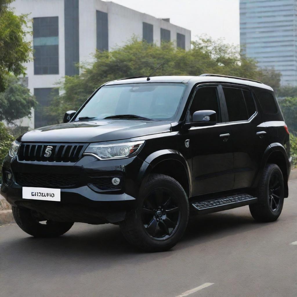 A sleek black Scorpio vehicle equipped with glossy black mirrors, giving a sense of power and elegance