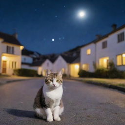 An adorable stray cat sitting on a road flanked by picturesque houses under the starlit sky on a chilly night.