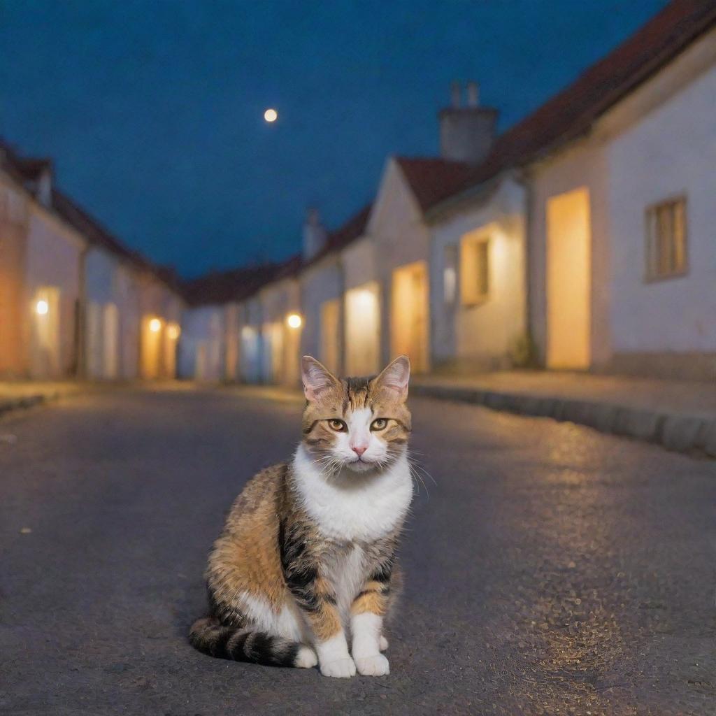 An adorable stray cat sitting on a road flanked by picturesque houses under the starlit sky on a chilly night.