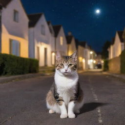 An adorable stray cat sitting on a road flanked by picturesque houses under the starlit sky on a chilly night.