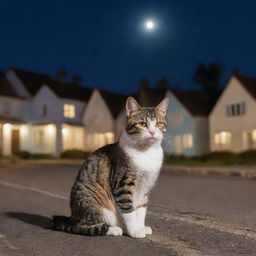 An adorable stray cat sitting on a road flanked by picturesque houses under the starlit sky on a chilly night.