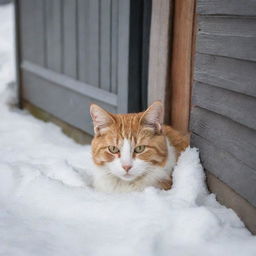 A cute stray cat seeking a warm place to curl up between snow-laden houses on a chilly day.