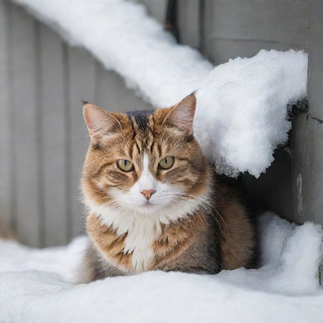 A cute stray cat seeking a warm place to curl up between snow-laden houses on a chilly day.