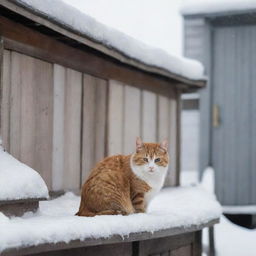 A cute stray cat seeking a warm place to curl up between snow-laden houses on a chilly day.