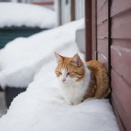 A cute stray cat seeking a warm place to curl up between snow-laden houses on a chilly day.