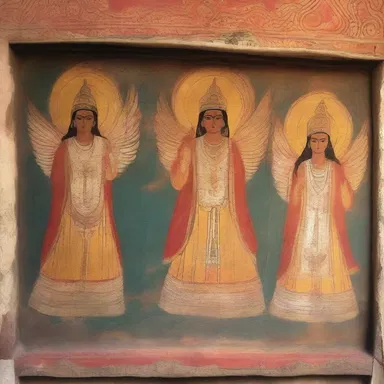 The sacred temple was adorned with beautiful paintings depicting religious figures, including one showing angels flying over a cavity wall.