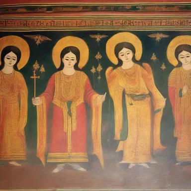 The sacred temple was adorned with beautiful paintings depicting religious figures, including one showing angels flying over a cavity wall.