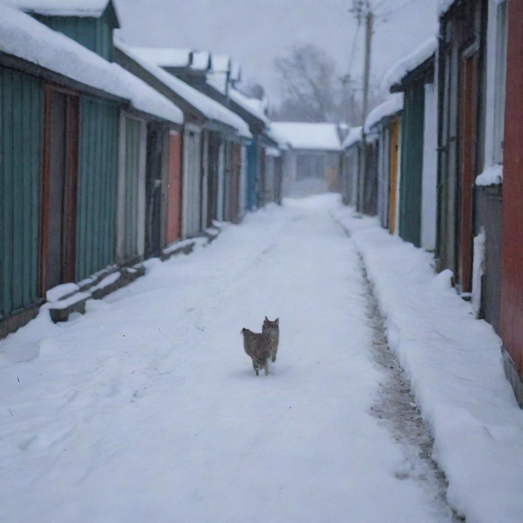 A desolated stray cat wandering aimlessly amidst the snow-laden houses on a cold evening, unable to find a warm spot to rest.