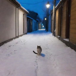 A desolated stray cat wandering aimlessly amidst the snow-laden houses on a cold evening, unable to find a warm spot to rest.