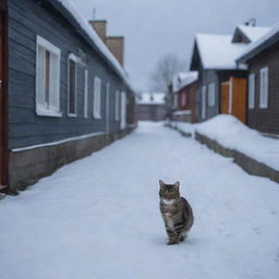 A desolated stray cat wandering aimlessly amidst the snow-laden houses on a cold evening, unable to find a warm spot to rest.