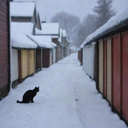 A desolated stray cat wandering aimlessly amidst the snow-laden houses on a cold evening, unable to find a warm spot to rest.