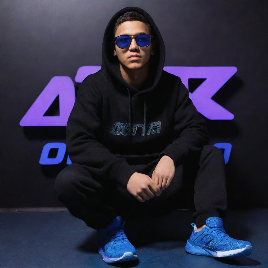 3D illusion art for a profile picture featuring an attractive 18-year-old boy in a black hoodie and sunglasses, casually sitting on a blue Nissan GTR with sneakers. 'Akhil' is written in large uppercase purple neon letters on a dark black wall in the background.