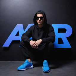 3D illusion art for a profile picture featuring an attractive 18-year-old boy in a black hoodie and sunglasses, casually sitting on a blue Nissan GTR with sneakers. 'Akhil' is written in large uppercase purple neon letters on a dark black wall in the background.